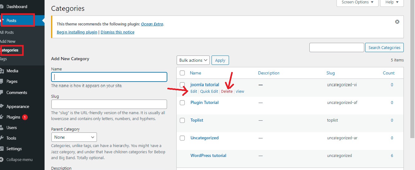 delete categories in WordPress 2