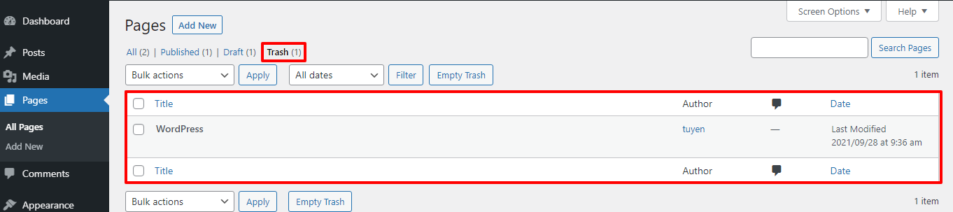 Trash In Wordpress