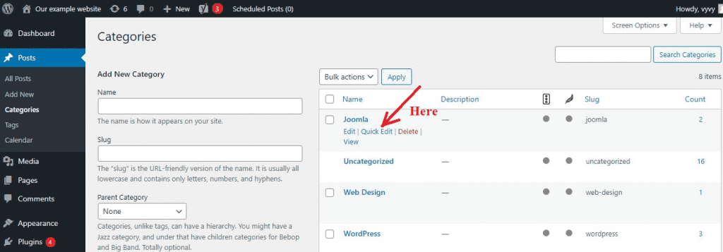 rename categories in WordPress 1