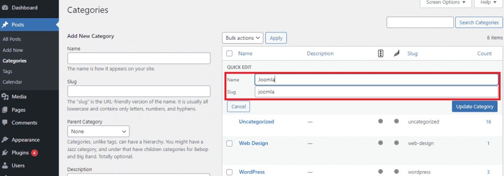 rename categories in WordPress 2