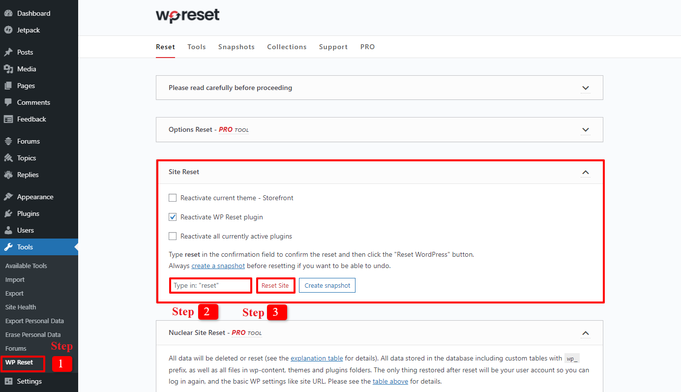 reset a WordPress site 2