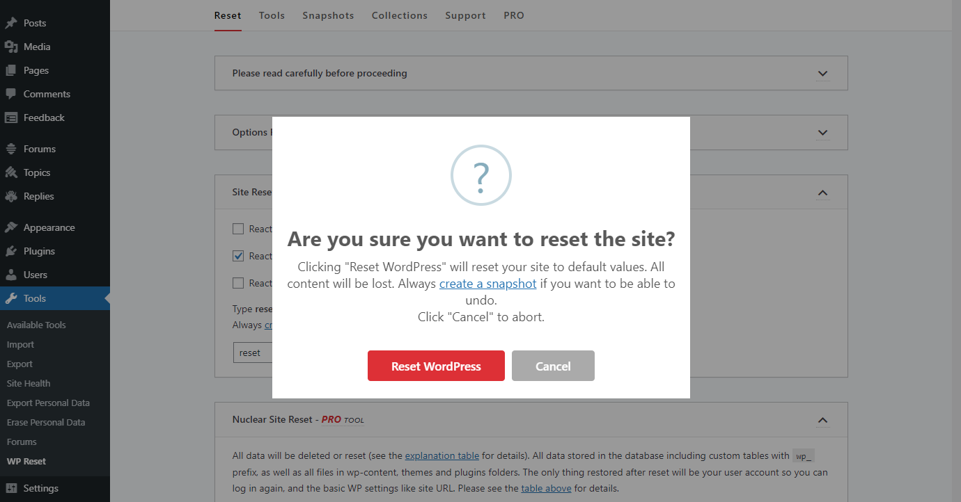 reset a WordPress site 3