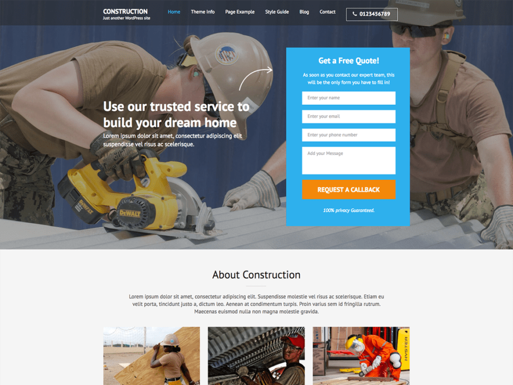 Free Construction Landing Page Wordpress Theme